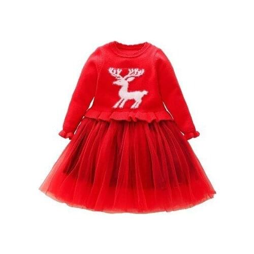 Autumn Winter Toddler Girls Dress Deer Print Sweater Tutu Mesh Princess Dress 3 4 5 6 7 Y Baby New Year Costume Kids Clothing