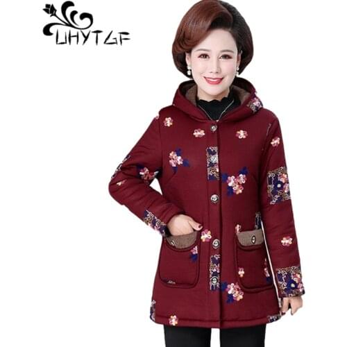 UHYTGF Woman Parkas Jacket Printed Casual Warm Autumn Winter Cotton Coat Single Breasted Hooded Loose 5XL Plus Size Outwear 1948
