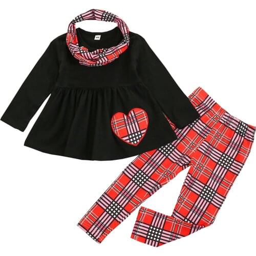 Valentines Day Kids Girls Clothes Sets Baby Girls Long Sleeve Heart Print Black T-shirt Plaid Pants Set 2 Pieces Outfit