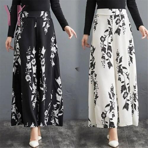 Plus Size 5XL Loose Wide Leg Mom Skirt Pants Chiffon Oversized Women Culottes Summer Elegant Floral Print Black White Trousers
