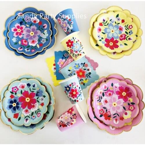Mixed Color Flower Disposable Tableware Set Paper Towel Paper Plate Paper Cup High Quality Birthday Festival Celebration Party
