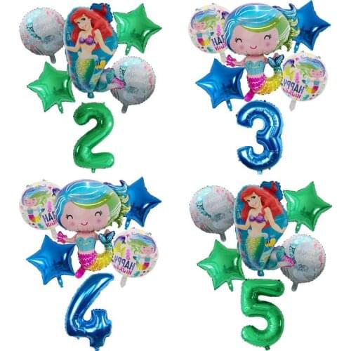 6pcs/lot Mermaid Theme Party Foil Balloons 30inch Blue Green Number Balloon Kids Birthday Party Decorations Baby Shower Supplies