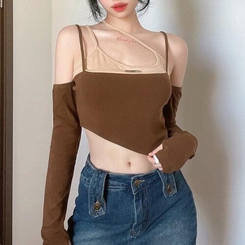 Women Long Sleeve T-shirts Off Shoulder Crop Top Slim Sexy High Street Womens Club Wear Patchwork Female Retro Fake Two Piece