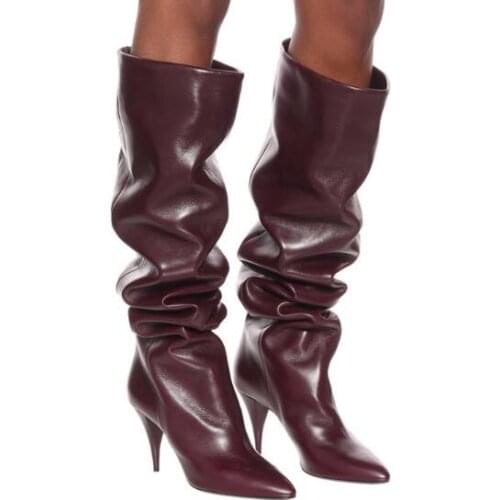 New Woman Black Burgundy Cow Suede Spike Heels Thigh Boots Female Pointed Toe Sexy Pleated Slip On Tube Over The Knee Long Boots