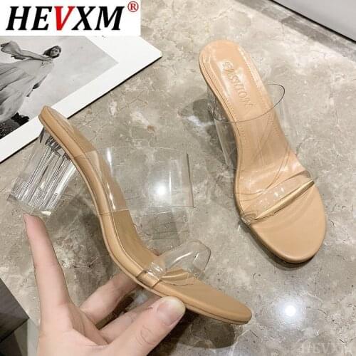 Transparent PU Beige High Heels Women New Summer Shoes Women Fashion Concise Hollow Slip-On Open Toe Casual Female Shoes