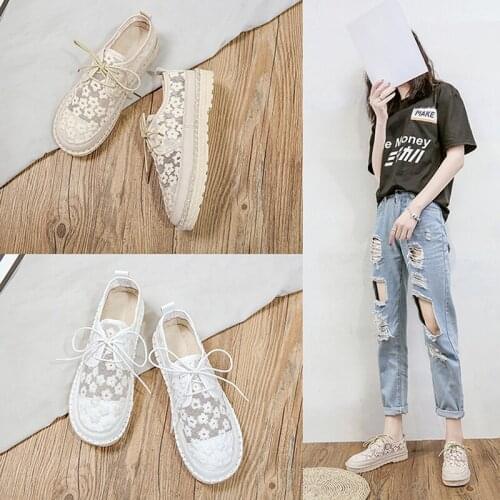 2020 Summer New Forest Art Casual White Shoes Lace Embroidery Lace Flat Female Shoes Tide 2 Colors Flats For Women Ladies Shoes