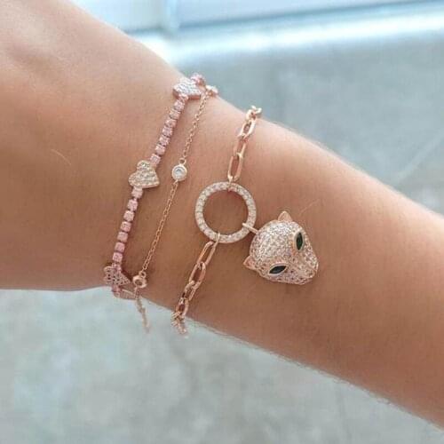 New micro pave cz rectangle adjusted link chain animal bracelet for women Gold Color cz leopard bracelet Rock Hiphop jewelry