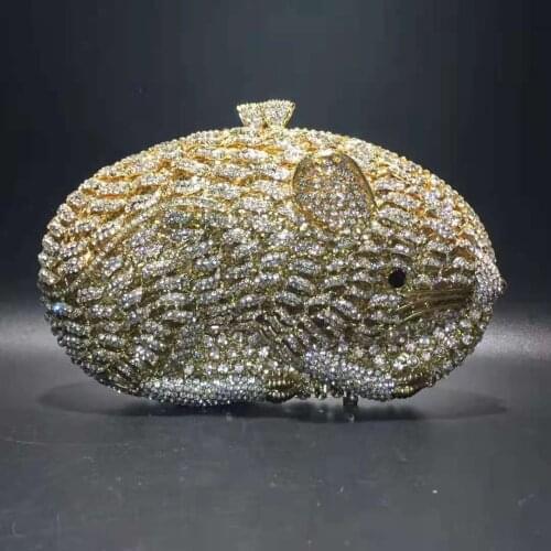 Gold Color White Diamond Womens Mouse Shape Evening Wallet Rhinestone Ladies Prom Party Handbags Female Clutches Bags Cocktail