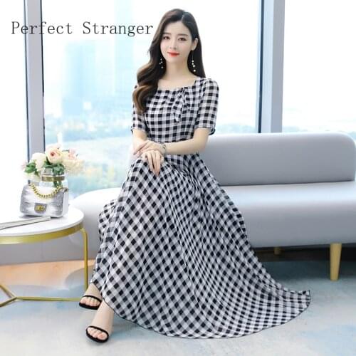 2021Summer New Arrival Hot Sale Elegant Round Collar Bowknot Plaid Short Sleeve Women Long Chiffon Dress M-4XL
