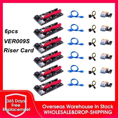 6pcs VER009S PCI-E Riser Card Dual 6Pin Adapter Card PCIe 1X to 16X Extender Card USB 3.0 Data Cable for BTC Mining Miner