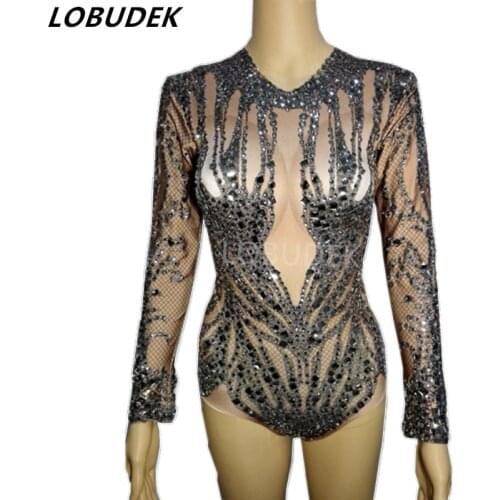 Performance Shining rhinestones women bodysuit high elasticity leotard Bright Crystals jumpsuit singer nightclub DS DJ costumes