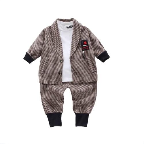Children Boys Girls Clothing Set Long Sleeve T-shirt and Plaid Jacket and Pants Three-piece Suit for Birthday Party Photography