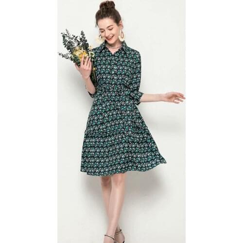Lapel 3/4 Sleeve Lace Floral Dress High Quality Knee Dress 2021 Spring Summer New Fashion Women