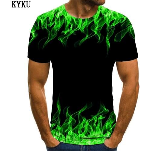 KYKU Brand Flame T shirt Men Green Tshirt Printed Trend T-shirts 3d Short Sleeve T shirts Cool Streetwear Big Size