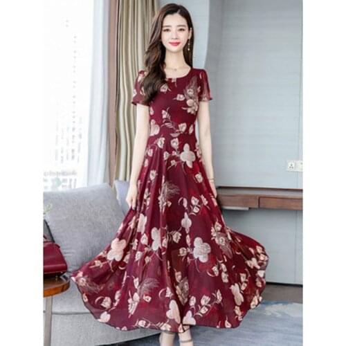 Summer Temperament Dress 2020 New Summer Round Neck Womens Very Fairy Vestidos Slim Floral A Word Chiffon Long Dress A855