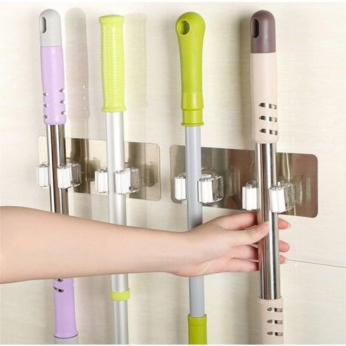 Multifunctional Self-Adhesive Seamless Stickers Mop Rack Kitchen Broom Rack Kitchen Bathroom Hooks Mounted Wall Hook