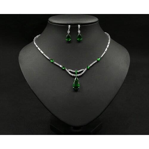 Fashion green Cubic Zirconia Water Drop Pendant Necklace and Earrings Bridal Wedding Jewelry Sets for Brides Party