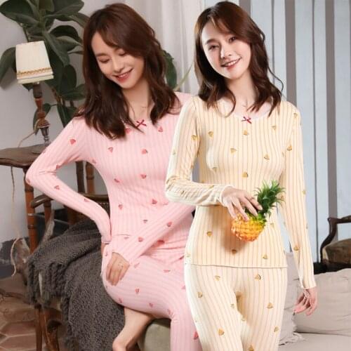 Casual Striped Long Sleeve Thermal Body Shaper Underwear Sets Women Autumn Winter Warm Long Johns Pajama Sleepwear Suit Bodysuit