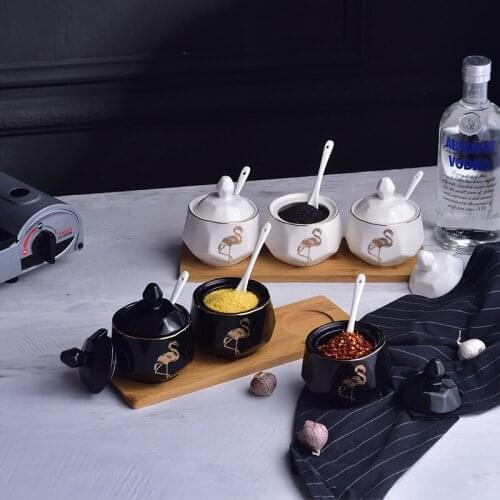 3pcs Creative kitchen pottery condiment pot set Kitchen Ceramic Condiment Tank Set Flamingo Decoration