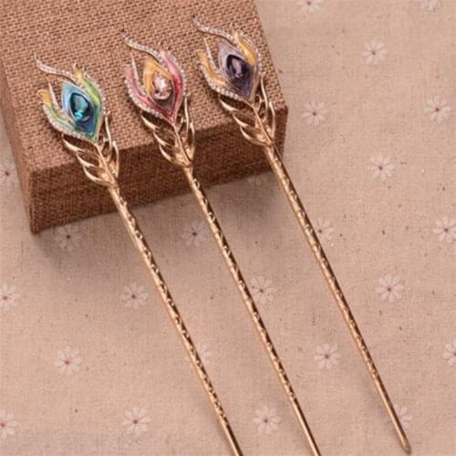 Charm 3 Color Enamel Peacock Feather Hair Sticks Women Wedding Jewelry Accessories Top Crystal Hair Ornaments Golden Hair Clip