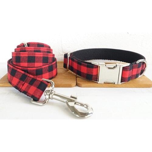 Personalized Black Red Plaid Dog Collar Leash With Bow Tie Set Nylon Free Engraved Nameplate For Small Medium Large Dogs