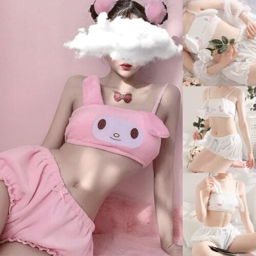 Women Kawaii Anime Plush Pajamas Set Sweet Bunny Ears Velvet Tube Top Bra Bloomers Shorts Sleepwear Cartoon Cosplay Lingerie Und