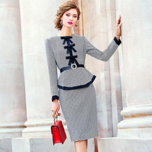 Work 2021 NEW Pencil plaid dress Women Clothing Winter Autumn Elegant dignified Party Dress O-neck Retro dresses with belt plus