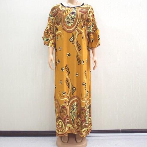 Multicolor Floral Print Elegant African Dresses for Women Ruffle Sleeve Loose Cotton Autumn with Scarf Ladies Maxi Dresses
