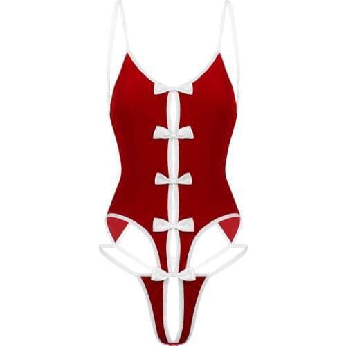 Christmas Costume Womens Lingerie Bodysuit Velvet Adjustable Straps Bowknots Lace Up Crotchless Leotard Bodysuit Sexy Nightwear