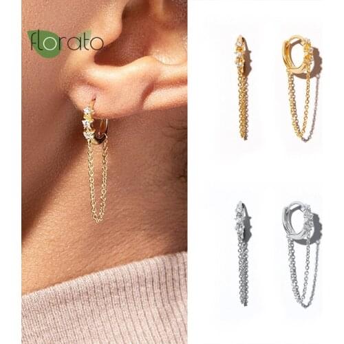 Women Simple Zircon Long Chain Pendant Earrings 925 Silver Ear Buckle Fashion Charming Small Hoop Earrings Korea Fine Jewelry