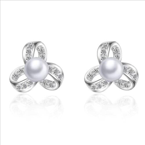 Top Quality Silver Plated Earrings For Women Accessories Charm Crystal Flower Pearl Female Stud Earrings Girl Bijou