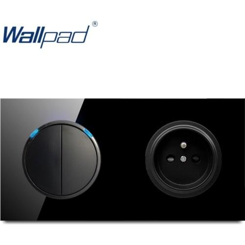 Wallpad 2 Gang 2 Way EU 16A French Socket Crystal Tempered Pure Black Glass Panel Wall Power Socket Outlet Grounded