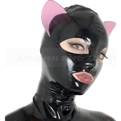 Cat women latex rubber hoods sexy black hood mask with pink ears handmade back zip custom made RLM214