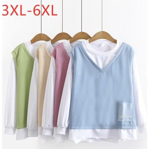 New 2021 Ladies Autumn Winter Plus Size Tops For Women Large Pullover Long Sleeve Cotton Blue Pink T-shirt 3XL 4XL 5XL 6XL