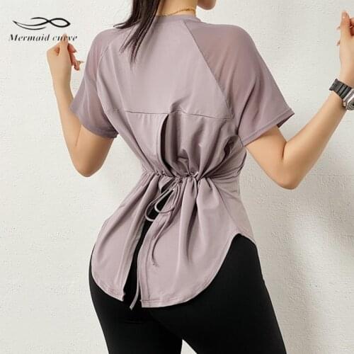 Women New Loose Short Sleeve Sport T Shirt Breathable Net Yarn Patchwork Back Fork Opening Bandage Quick Dry Running Yoga Shirt