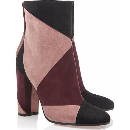 2021 Spring Short Boots Color Matching Ankle Boots Womens Shoes Suede Leather Square Heel High Heels Botas Femininas Shoe Boot