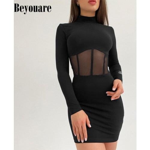 Beyouare Gauze Patchwork Corset Dress Women Sexy Letter Print Long Sleeve Slim Skinny Black Party Streetwear Mini Dresses Autumn