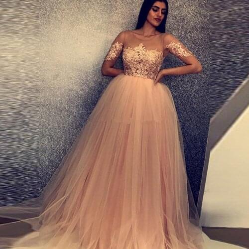 Champagne A line Princess Prom Dresses 2020 Illusion Neck Applique Pageant Gowns for Women Long Formal Evening Dress Elegant