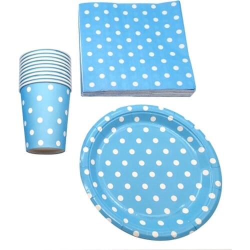 120PCS Light Blue Polka Dots Theme Kids Boy Favors Dishes Tableware Set Plates Cups Birthday Maps Baby Shower Party Napkins