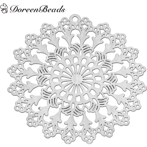 304 Stainless Steel Filigree Stamping Pendants Round dull silver color Flower Carved Hollow 45mm x 44mm ,10 PCs