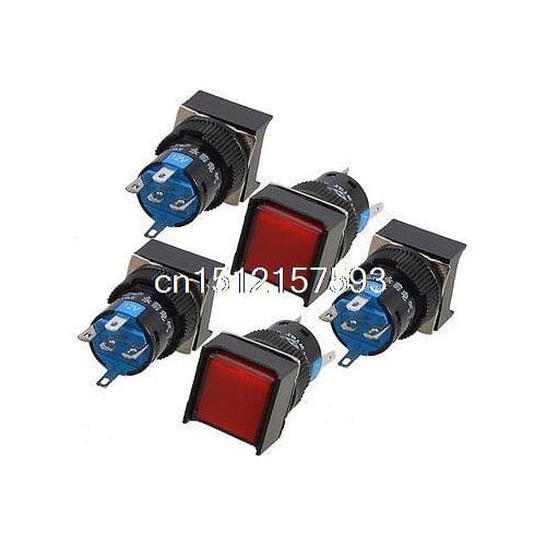 5 Pcs Red Square Cap DC 12V Light 1NO 1NC 5 Pins Push Button Switch