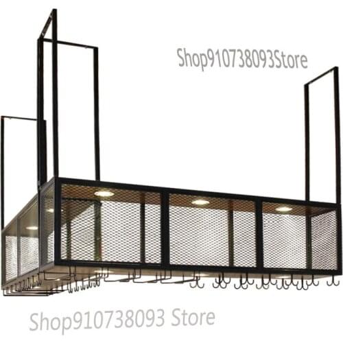 Bar counter wrought iron solid wood ceiling hanger home decorative wall cabinet upside down goblet rack bar hanging wine rack wi
