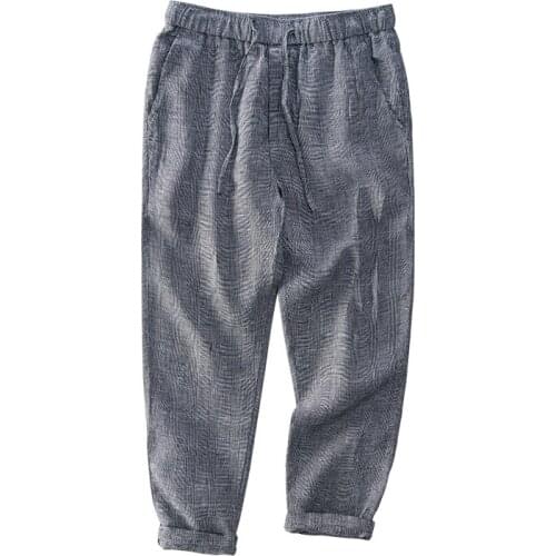 Plaid Pants for Men Fashion Casual 100%Linen Full Length Straight Trousers Solid Color Drawstring Summer Pants