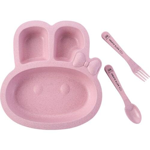 Baby Bowl+Spoon Fork Feeding Food Tableware Cartoon Rabbit Kids Dishes Baby Eating Dinnerware Set Anti-hot Training Bowl Spoon