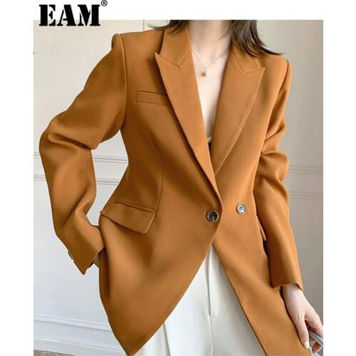 [EAM] Women Elegant Orange Blazer New Notched Collar Long Sleeve Loose Fit Jacket Fashion Tide Spring Autumn 2021 1DD5281