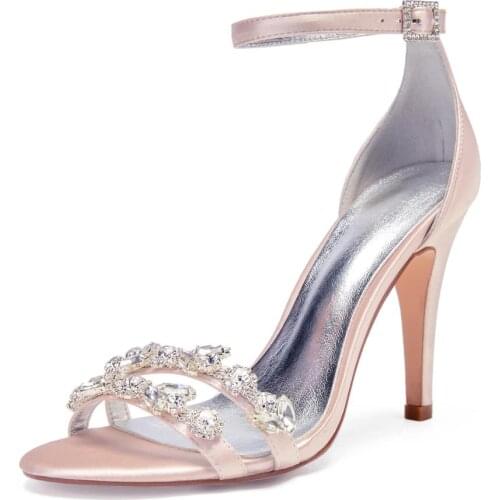 Elegant lady thin high heels satin evening dress shoes strappy sandals ankle strap crystal trim bridal wedding party prom night