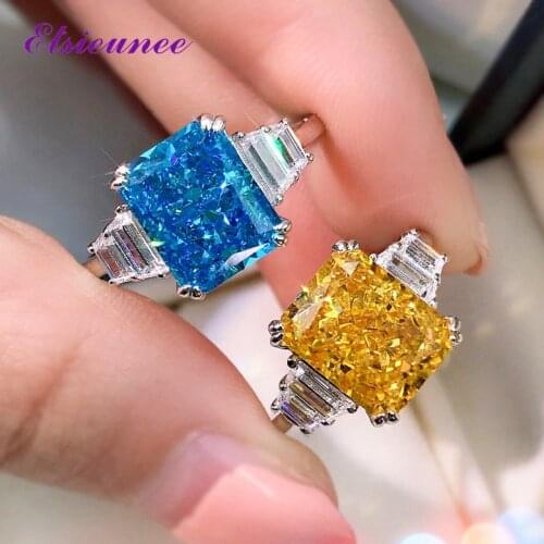 ELSIEUNEE New Trendy Solid 925 Sterling Silver Aquamarine Citrine Simulated Moissanite Gemstone Rings Women Party Fine Jewelry