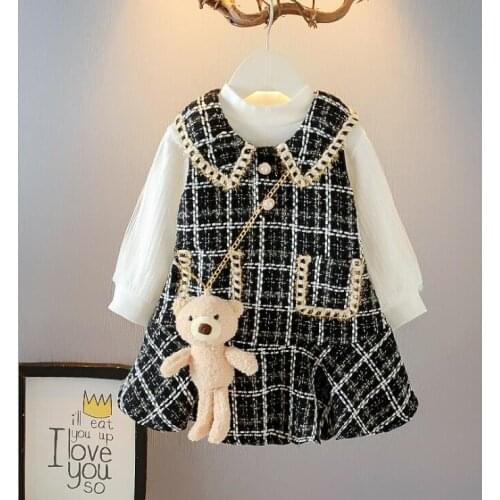 Baby Girl Clothing Sets 2021Sprint Puff Sleeve Top And Plaid Long Sleeve Dress 2Pcs Suits Children Clothing Set Toddler Clothes