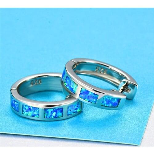 925 Sterling Silver Round Hoop Earrings For Women Men Blue White Fire Opal Earrings Female Male Wedding Piercing Jewelry Gifts