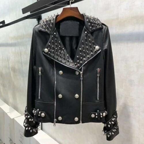 Genuine jacket leather women spring high quality chaqueta mujer biker jacket korean clothes with rivet cazadora vaquera mujer